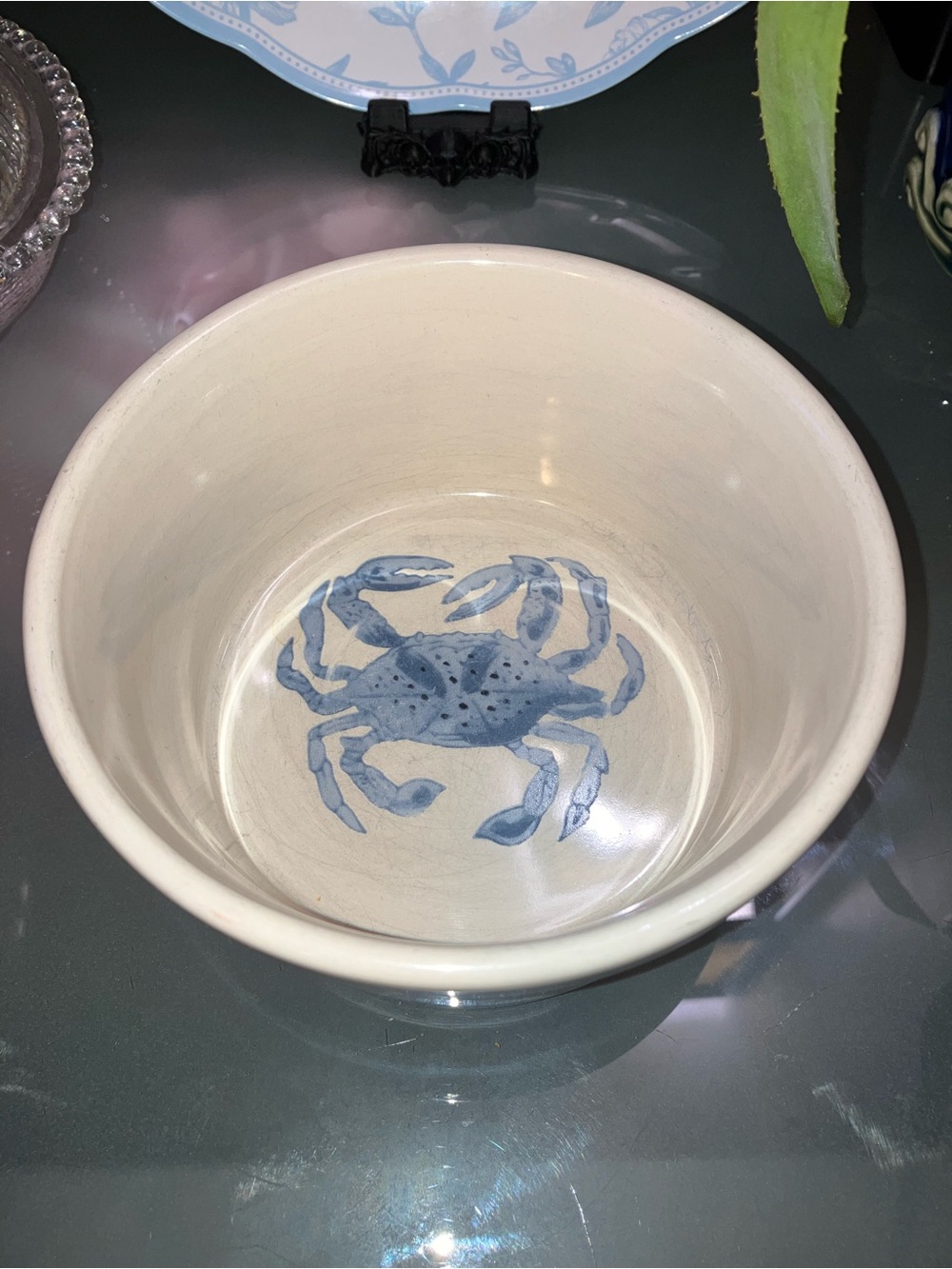 Nantucket 6 in Ceramic Bowl Crab Floral Blue/Off White Stoneware Crock